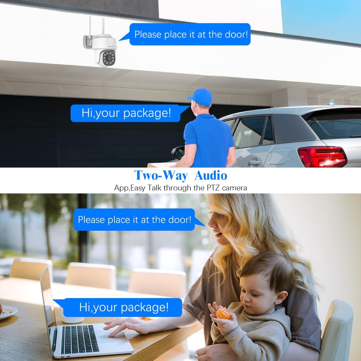 WEILAILIFE PTZ Camera showing 355 degree pan and 90 degree tilt coverage over a house and pool