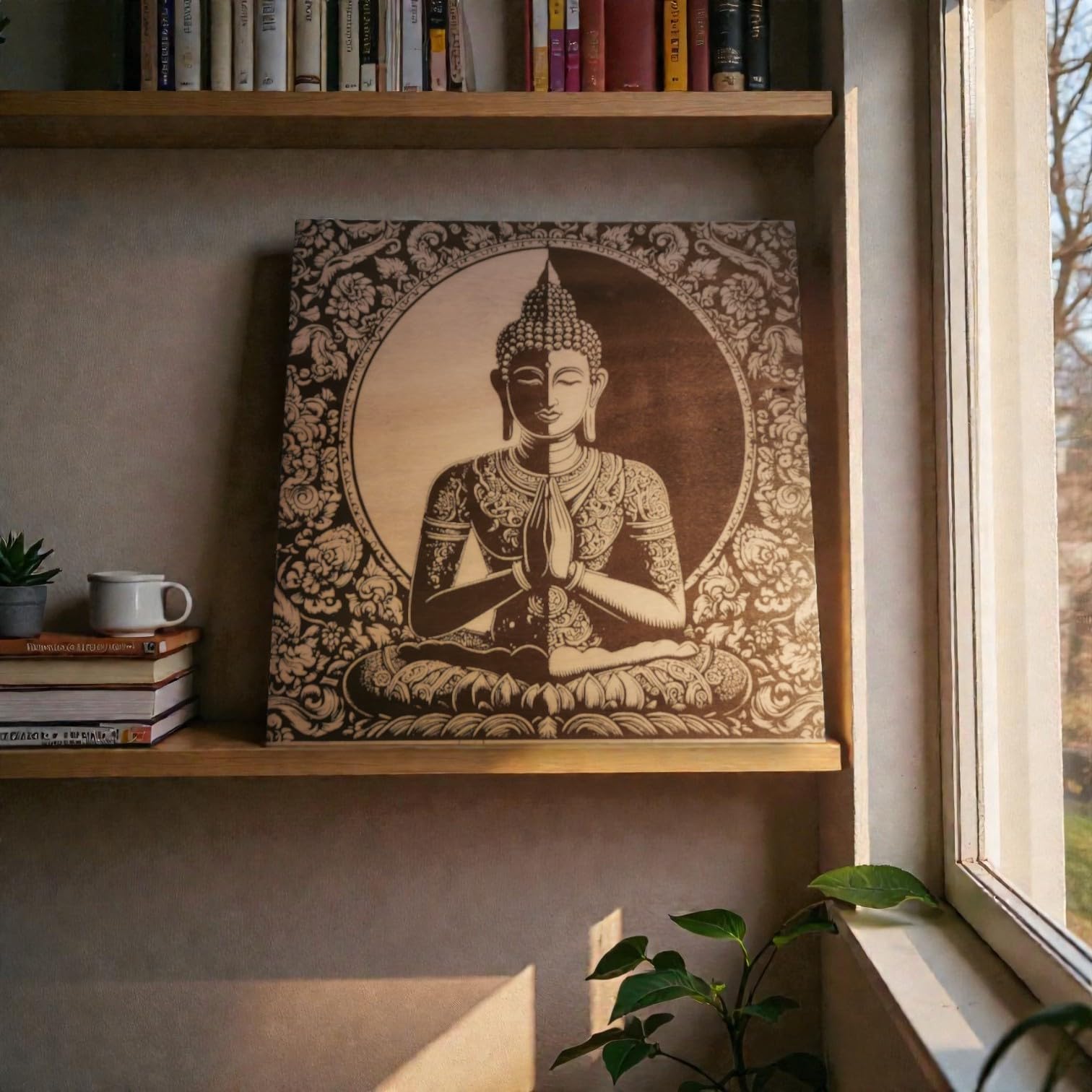 grabewood Quadro di Buddha in legno 30 x 30 cm da parete | Decorazione Zen Spirituale Feng Shui | Arte orientale per casa, yoga e meditazione