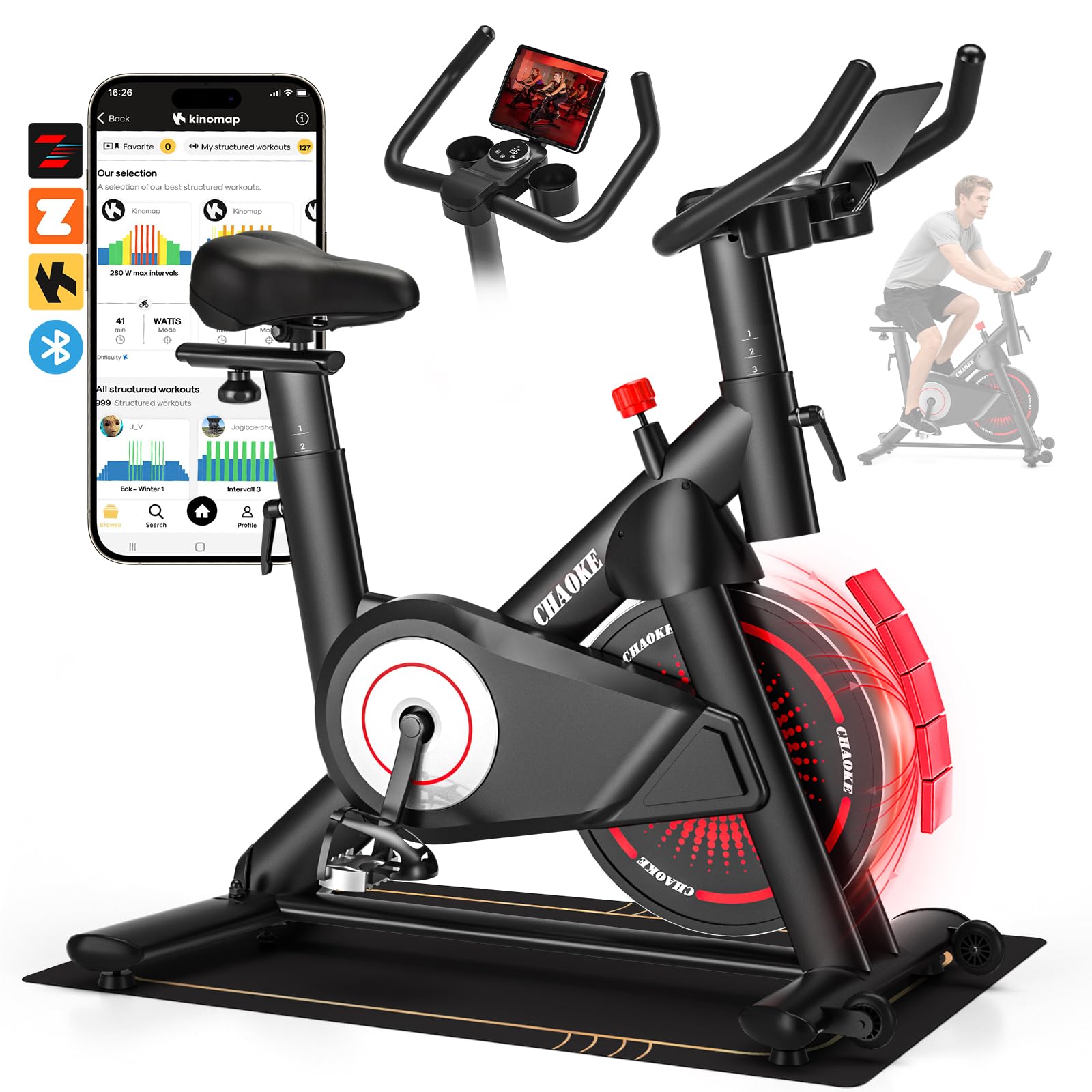 CHAOKE Exercise Bike, Quiet Adjustable Magnetic Stationary Bike for Home Cardio with App Compatible, 350LB Weight Capacity Indoor Cycling Bike with