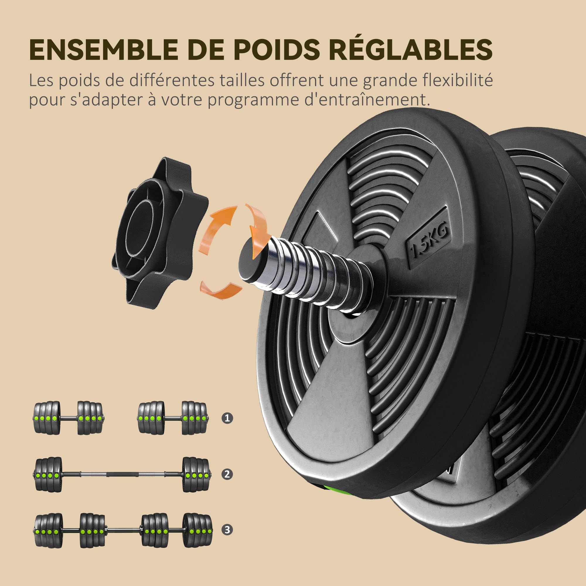 SPORTNOW Haltères 2 en 1 réglables, haltères libres avec poignées antidérapantes, 20/25/30 KG - Barres incluses - entraînement Musculaire & haltérophilie noir et vert