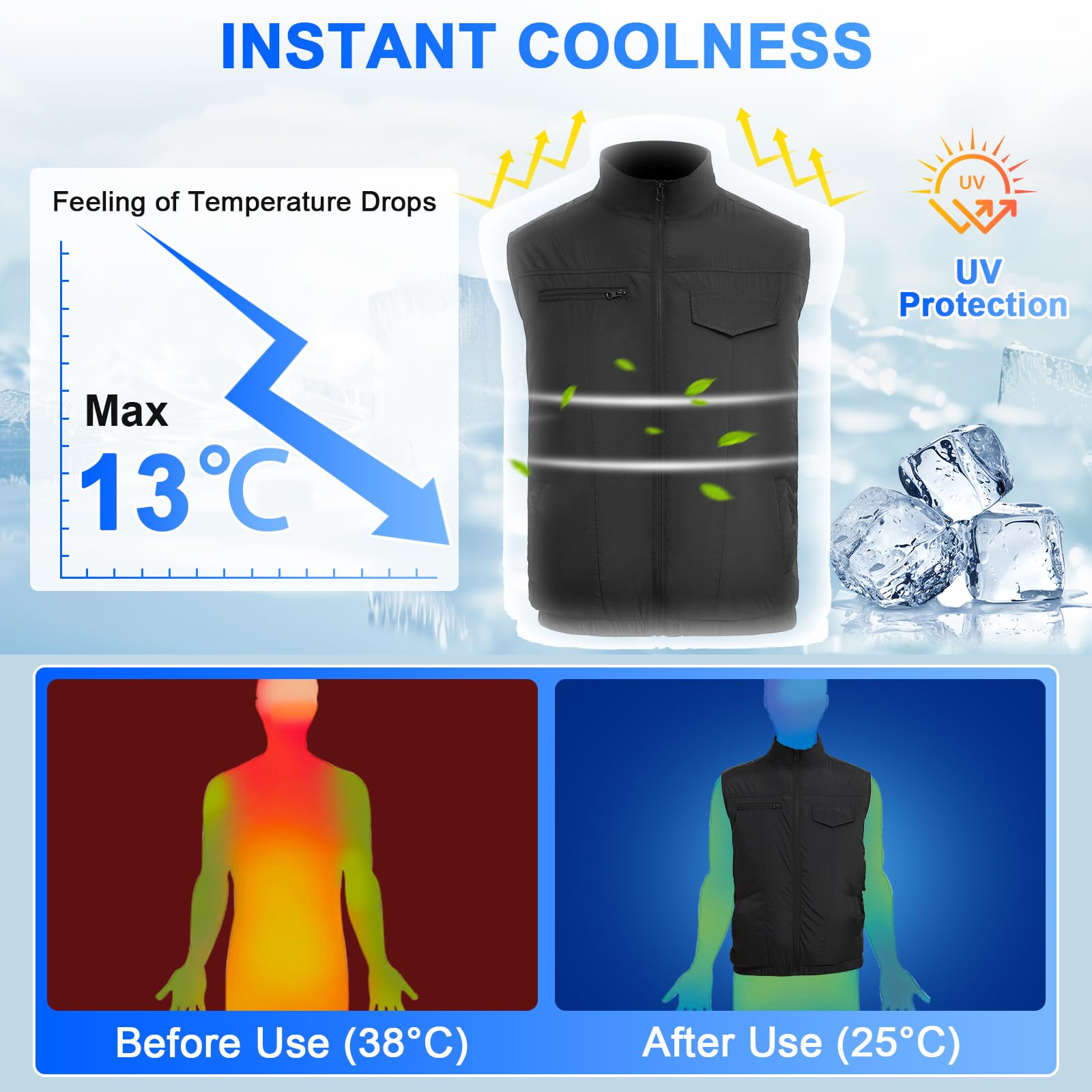 FERNIDA Gilet di raffreddamento, 18 V, con batteria e 2 ventole per alleviare il calore estivo, abbigliamento istantaneo fresco traspirante per aria condizionata