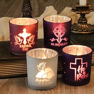 SHMILMH Easter Decorations for Religious Home Decor, He is Risen Decor Table Centerpiece, Christian Easter Decor Frosted Glass Votive Tealight Candle Holders Set of 4