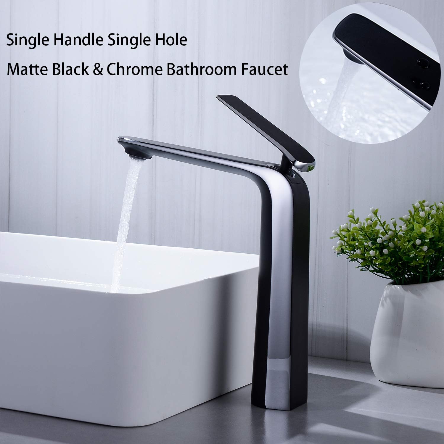 Super Brands TOCALOCA Black and Silver Bathroom Faucet Tall Faucet,Copper Vessel Sink Faucet,Matte Black and Chrome Bathroom Sink Faucet,Single Handle Single Hole Cold and Hot Water Mixer Vanity Sink Tap,A38002BC