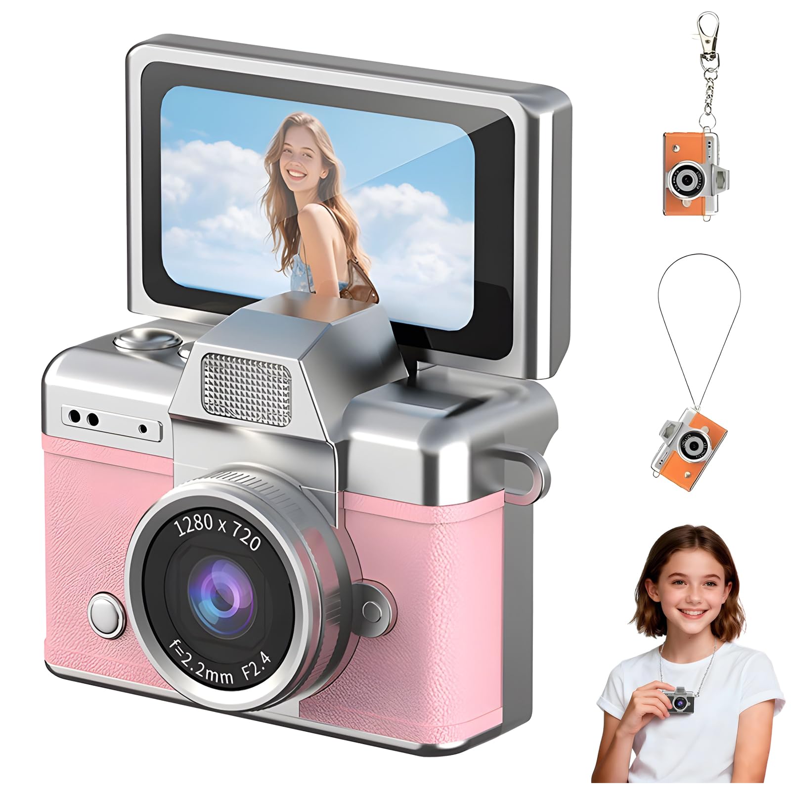 Kids Digital Camera, Mini Digital Camera with 1.47 in LCD Screen, 1080P HD Video Mini Retro Camera with Built-in Flash, 64GB Memory, Wide Angle Lens, Portable Keychain Camera for Travel (Pink)