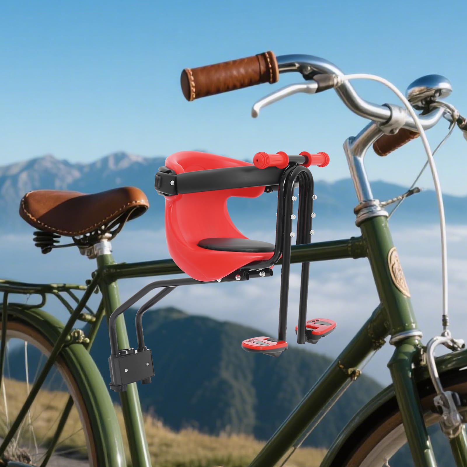 Siège avant pour vélo de montagne pour enfant avec support réglable et barre de sécurité amovible, poignées antidérapantes et repose-pieds, max. 50 kg, pour 8 mois à 4 ans
