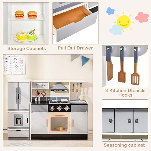 Miniatura 6 de HONEY JOY Juego de cocina para niños, cocina modular de madera de 2 piezas para niños pequeños y refrigerador con máquina de hielo, campana