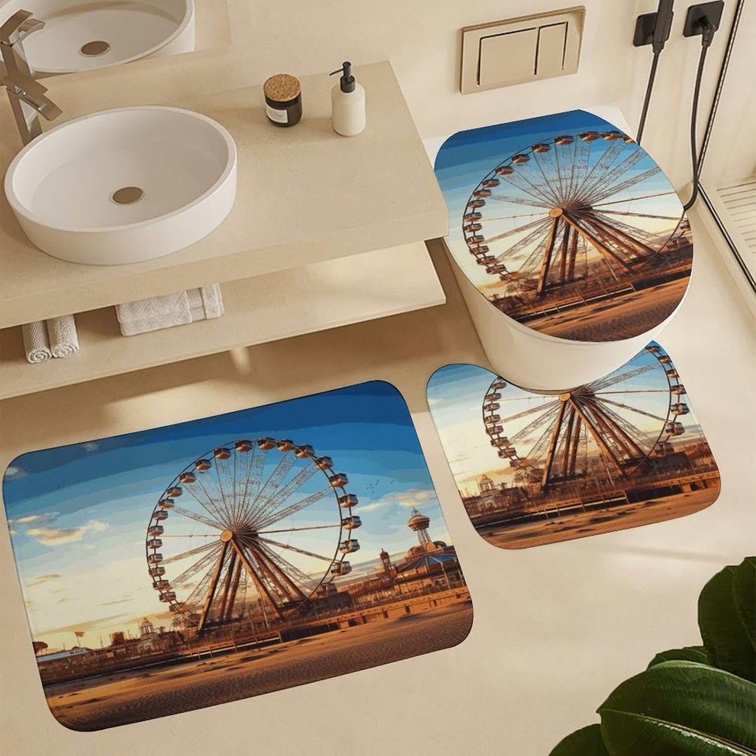 Ferris Wheel 4Pcs Shower Curtain Set with Non-Slip Rugs, Toilet Lid Cover and Bath Mat,Bathroom Set Decor Accessories,Curtain Set with 12 Hooks, 72 X 72 Inch