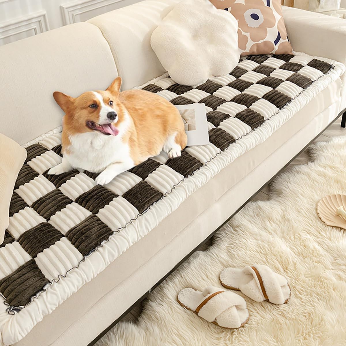 Fluffy Cream-Coloured Fuzzy Plaid Couch Cover for Pets - Large Square Pet Mat Bed & Sofa Pad - Blue, 27.6 * 59in