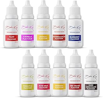 BAKE KING Combo of 10 Vanilla, Paan, Mango, Butterscotch, Blueberry, Pineapple, Rose Milk, Banana, Red Velvet and Dark Chocolate Flavour Essence 30 ML Each Making Cakes, Cookies and Ice Creams Liquid Food (Pack of 10)