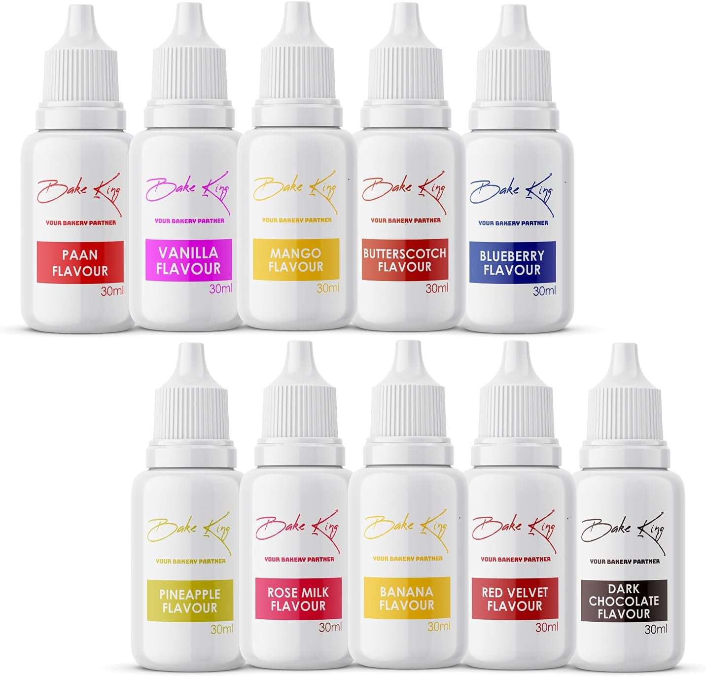 Combo of 10 Vanilla, Paan, Mango, Butterscotch, Blueberry, Pineapple, Rose Milk, Banana, Red Velvet and Dark Chocolate Flavour Essence 30 ML Each Making Cakes, Cookies and Ice Creams Liquid Food (Pack of 10)
