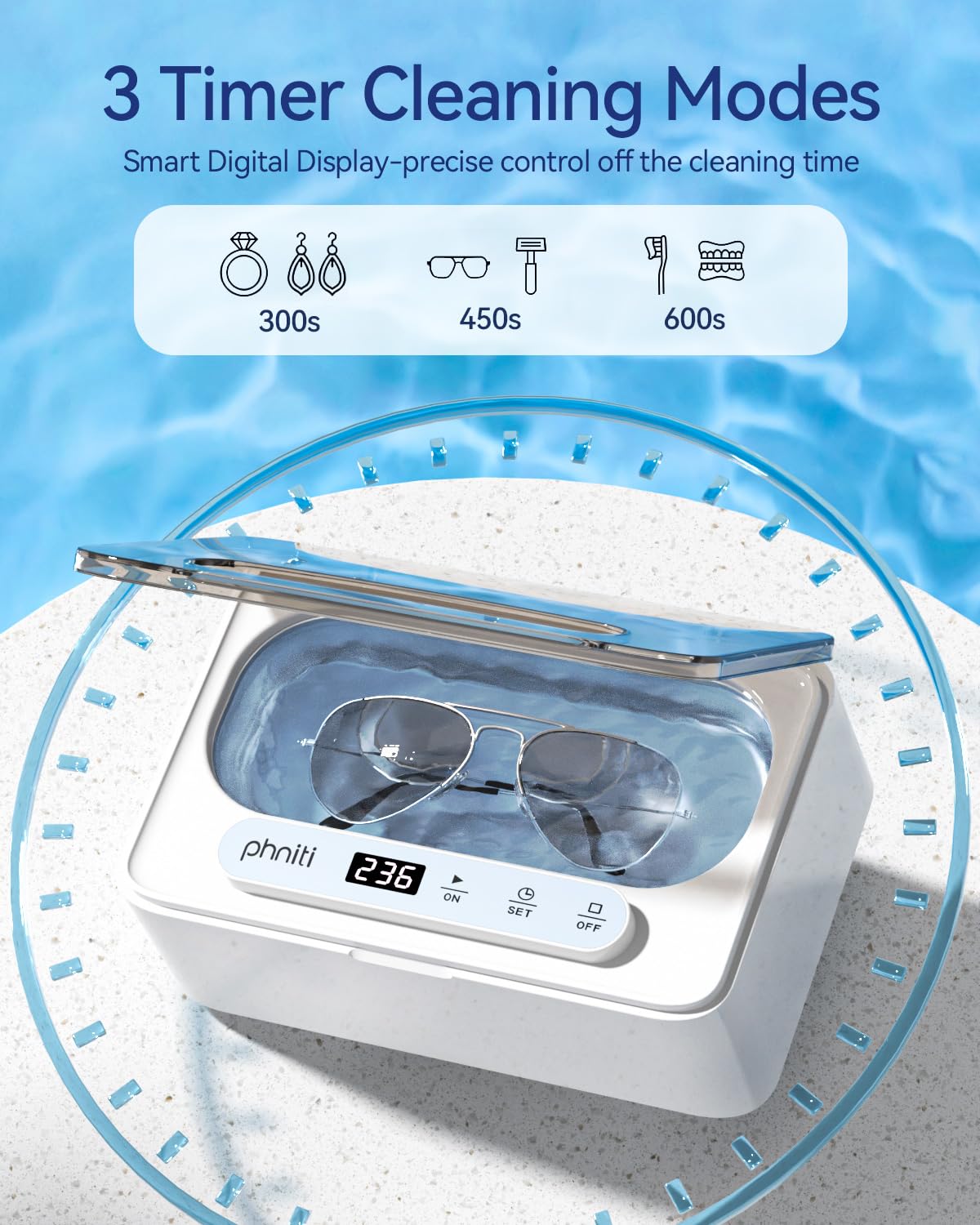 Phniti Ultrasonic Jewelry Cleaner, 47kHz Professional Ultrasonic Retainer Cleaner Machine for Dental Cleaning Three Cleaning Modes, Mouth Guard, Watch, Ring, Diamond, White