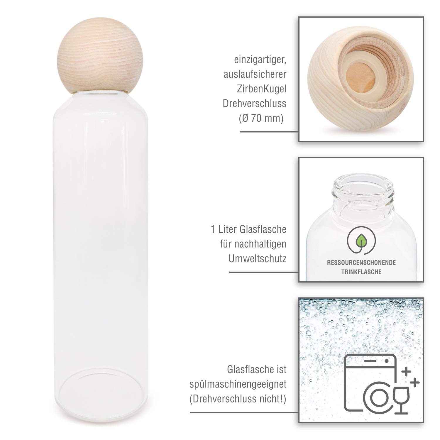 Zirben Familie® Original ZirbenKugel Trinkflasche 1 Liter | Verleiht dem Wasser eine besondere Note | Flasche aus Glas mit Zirbenkugel und Filzschutzhülle | Wasserflasche für unterwegs