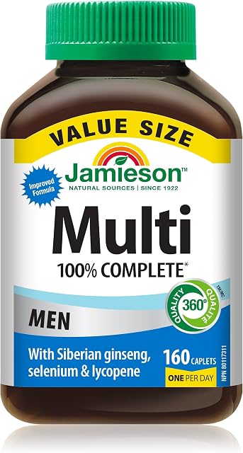 Jamieson 100% Complete Multivitamin for Men, with Siberian Ginseng, Lycopene and Selenium. Supports Eye Health, Energy, Immunity, and Everyday Health, Gluten-Free, One Per Day, 160 Caplets