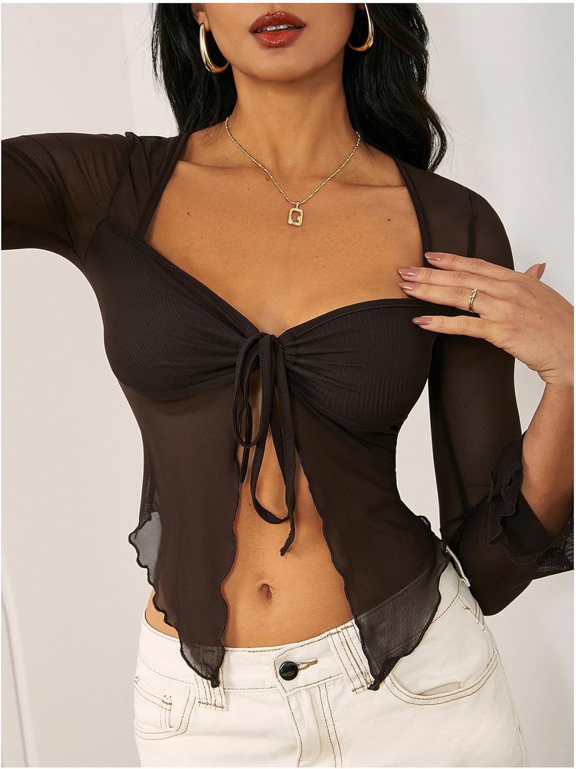 WDIRARA Women's Long Sleeve Front Tie Top Sexy Mesh Bell Sleeve Shirt - Image 5