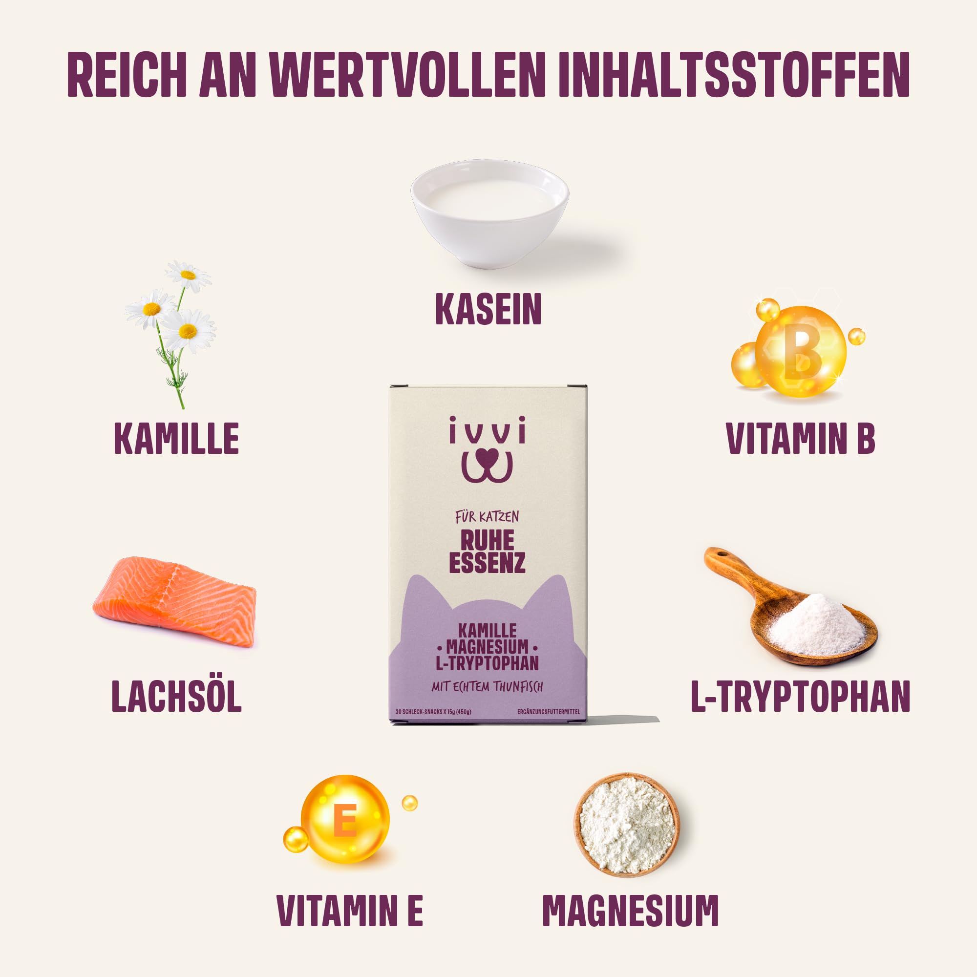 ivvi Ruhe Essenz für Katzen – Anti-Stress Schleck-Snacks mit Kamille, L-Tryptophan & Magnesium – Unterstützt Entspannung & Wohlbefinden – mit echtem Thunfisch – 30 Sticks x 15 g (450 g)