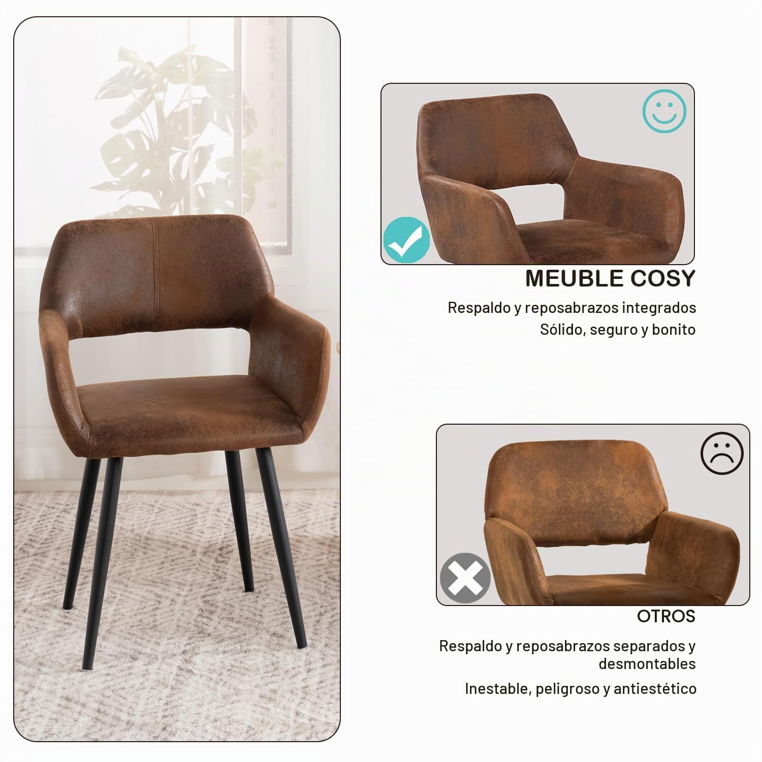 MEUBLE Cosy Juego de 2 Sillas de Comedor Vintage Retro Sillón Tapizado en Gamuza con Reposabrazos Patas Metálicas para Cocina Salón