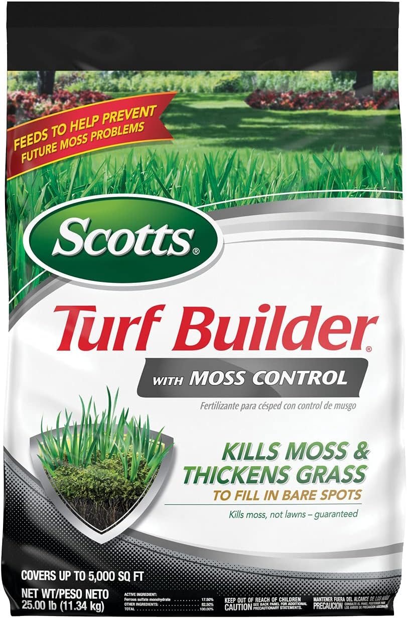 Scotts Turf Builder with Moss Control, Moss Killer and Lawn Fertilizer, Covers Up to 5,000 sq. ft., 25 lbs.