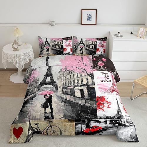 Juego de edredón de la Torre Eiffel romántico paisaje urbano de París para niñas, niños y mujeres, relleno de edredón de construcción de la ciudad