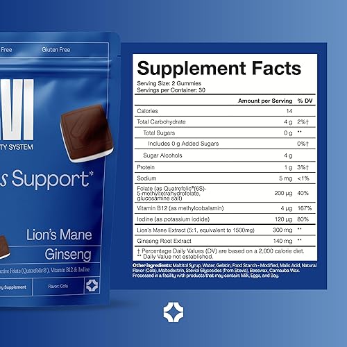 Miniatura 9 de URVI Focus Gummies - 300 mg de melena de león, 140 mg de extracto de raíz de ginseng, con folato (Quatrefolic), vitamina B12 y yodo - Sin azúcar