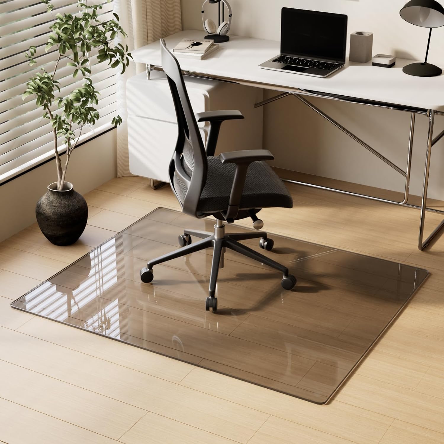 Tempered Glass Desk Mat 46"x 55" Heavy Duty Hard Floor Mat Polished Edge 1/5" Thick Clear Floor Mat with 4 Anti-Slip Pads for Home Office Desk Chair Computer Grey, Rectangular