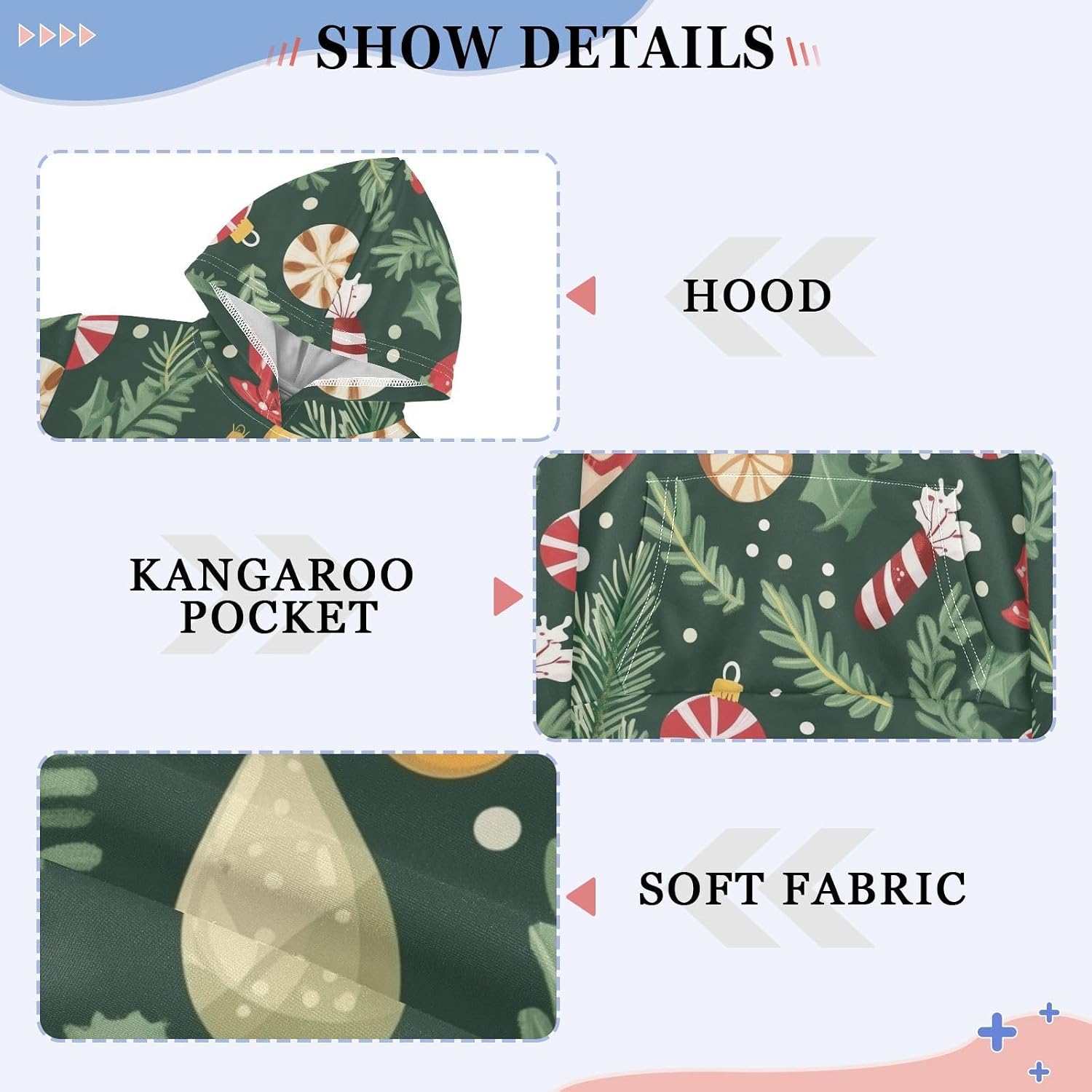 ZZXXB Candy Cane Spruce Branch Kids Sweatshirts Boys Girls Hooded Kangaroo Pocket Pullover Tops XS-XXL