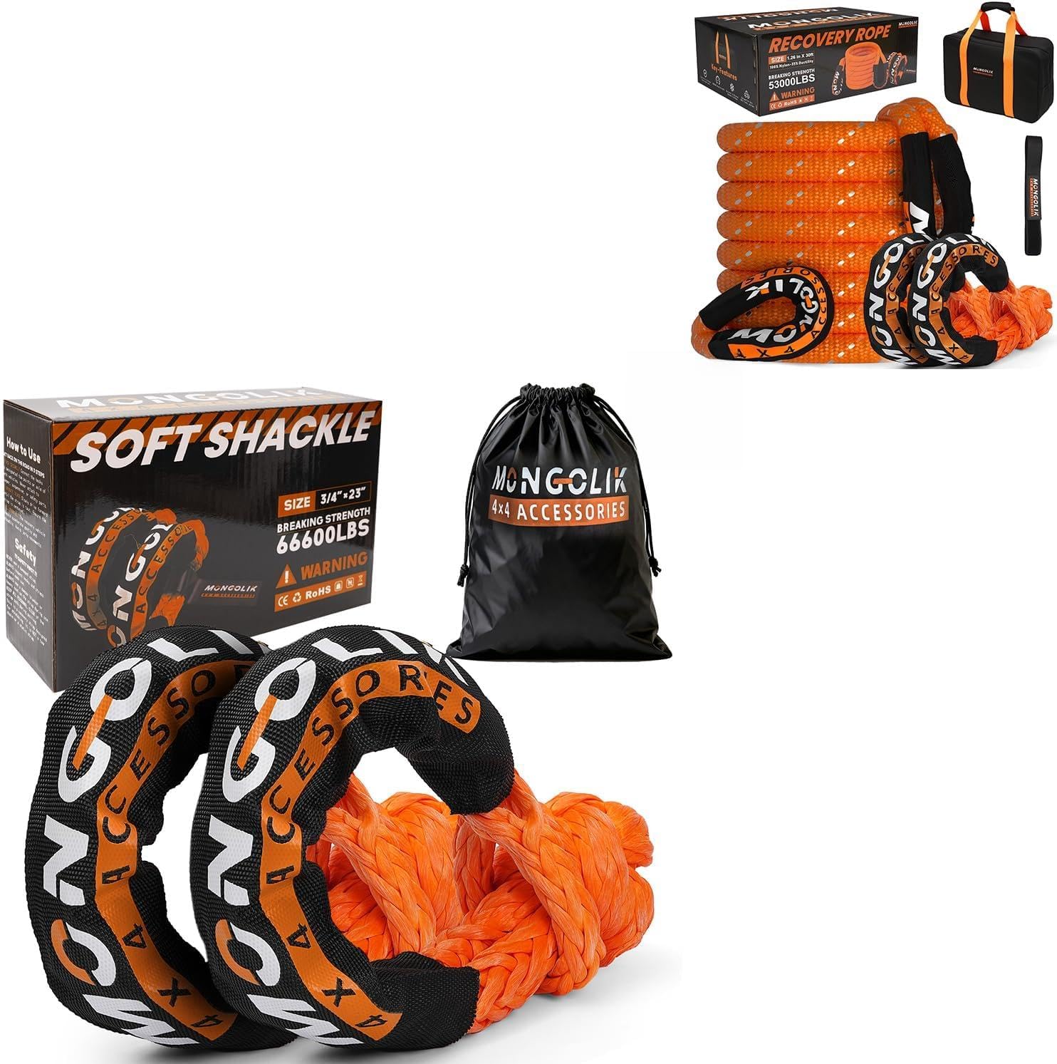 Heavy Duty Tow Rope Bundle - 1in x 30ft Tow Rope with 1/2in Soft Shackle + Extra 3/4in Soft Shackle, Off-Road Recovery Kit for SUV, Truck, ATV, Jeep