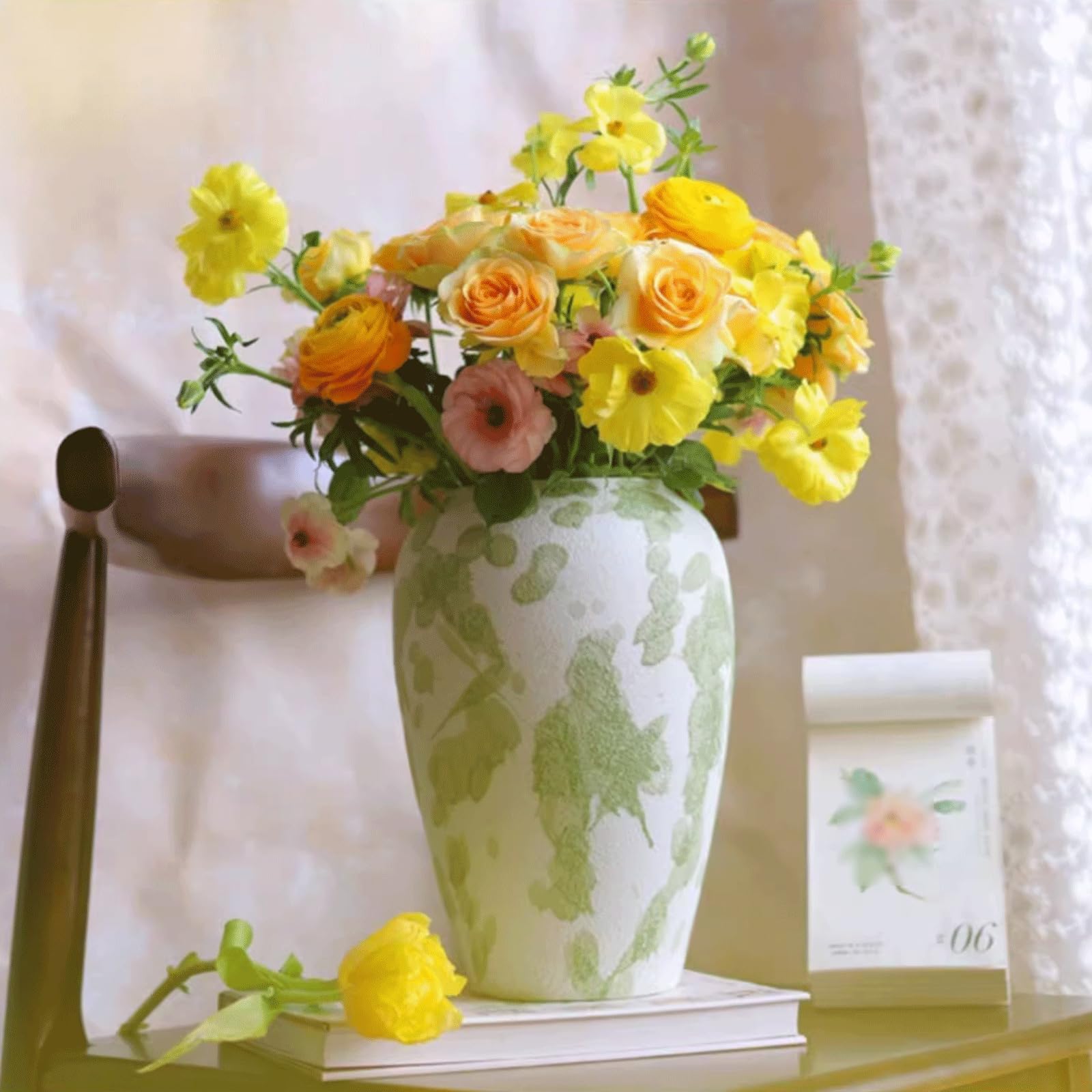Barattolo di Ceramica Cinese Vintage Verde e Bianco - Vaso Moderno in Terracotta per composizioni Floreali,Large