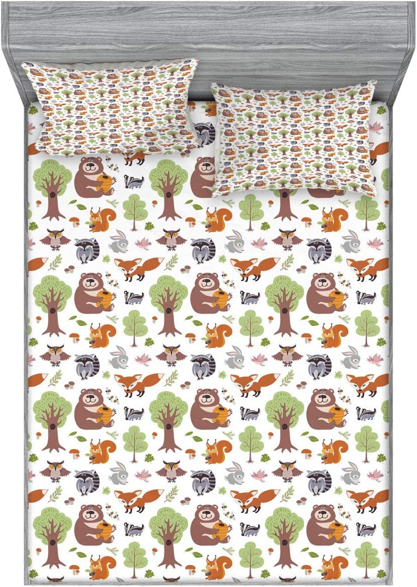 Ambesonne Forest 2 Pack Fitted Sheet & Pillow Sham Set, Doodle Woodland Animals, 4 Pcs Bedding Decor, Package Contains 2 Full Size Fitted Sheets & 4 Pillow Covers, Multicolor