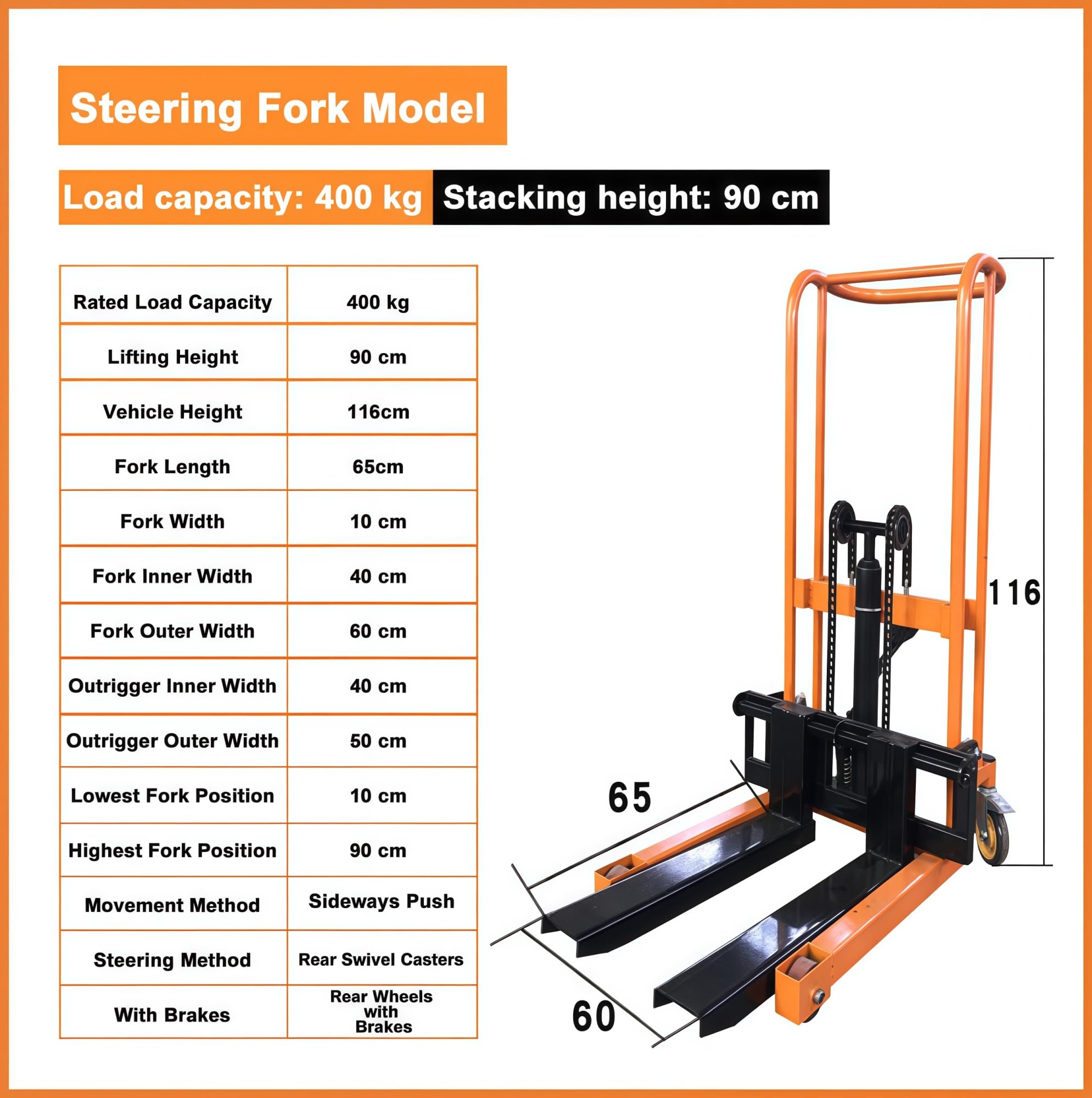 Elevador Hidráulico De Materiales, Transpaleta Manual con Capacidad para 400 Kg, Plataforma Plana De Acero Extraíble.(Forklift,400kg)