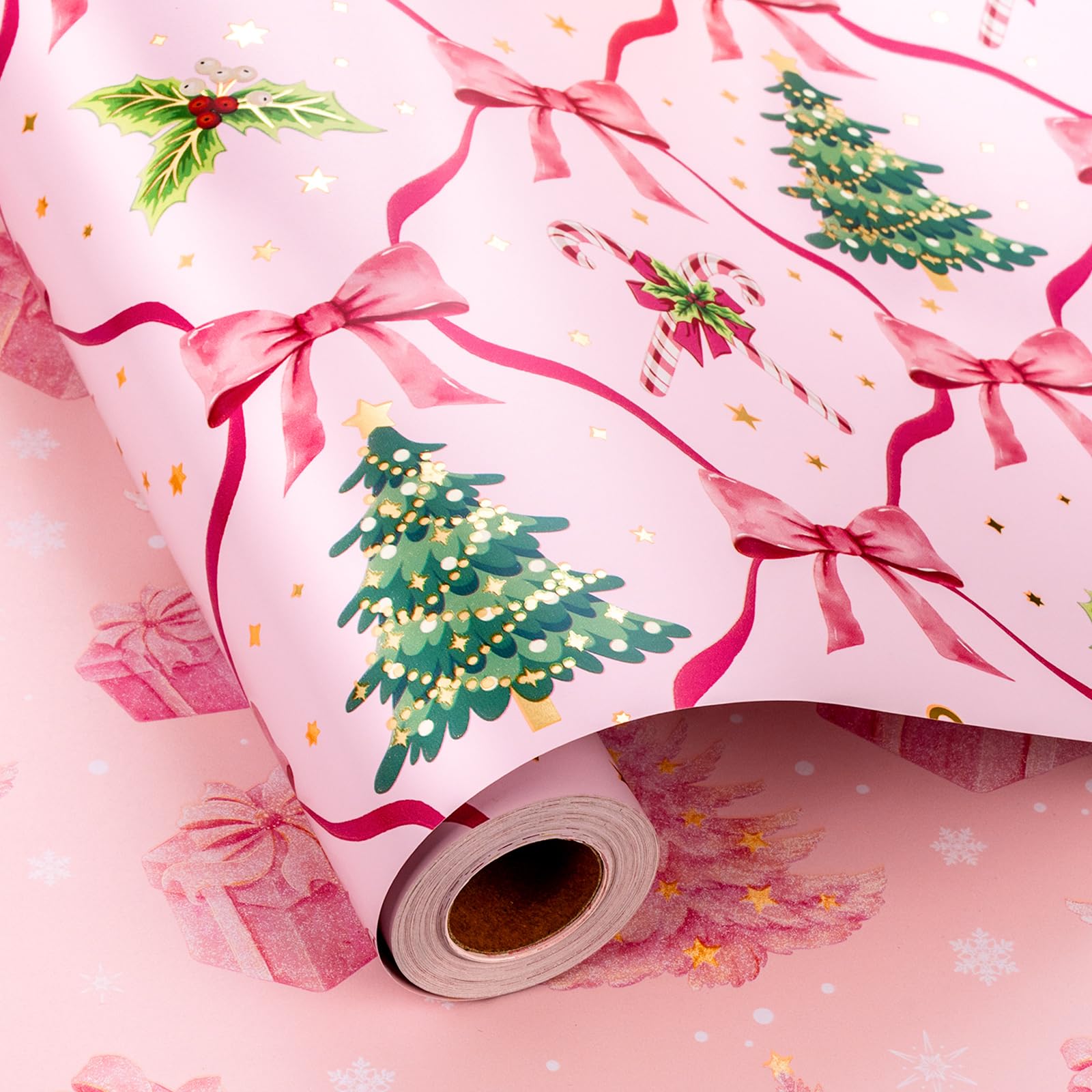Yarcony Reversible Pink Christmas Wrapping Paper Roll, Girly Bows Wrapping Paper, Pink and Green Coquette Bows Christmas Gift Wrap for Holiday, Girls Birthday, Party (Mini Roll, 17 Inch X 33 Feet)