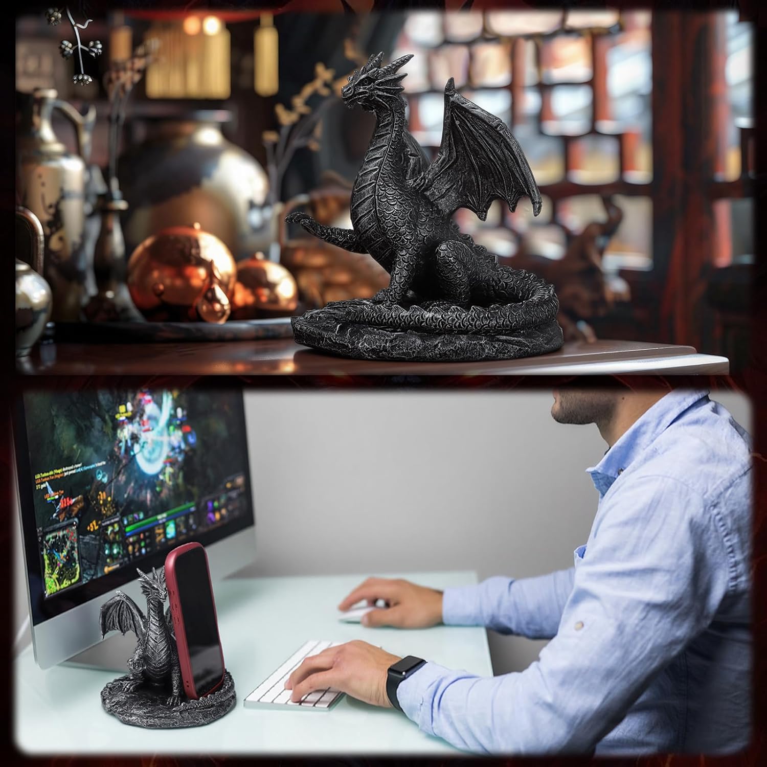 Relaxweex Gothic Dragon Cell Phone Holder Resin Gothic Standing Guardian Dragon Cell Phone Stand with Outstretched Arm for Medieval Decoration Desk Accessories Office 5.78 x 4.25 x 6 Inch