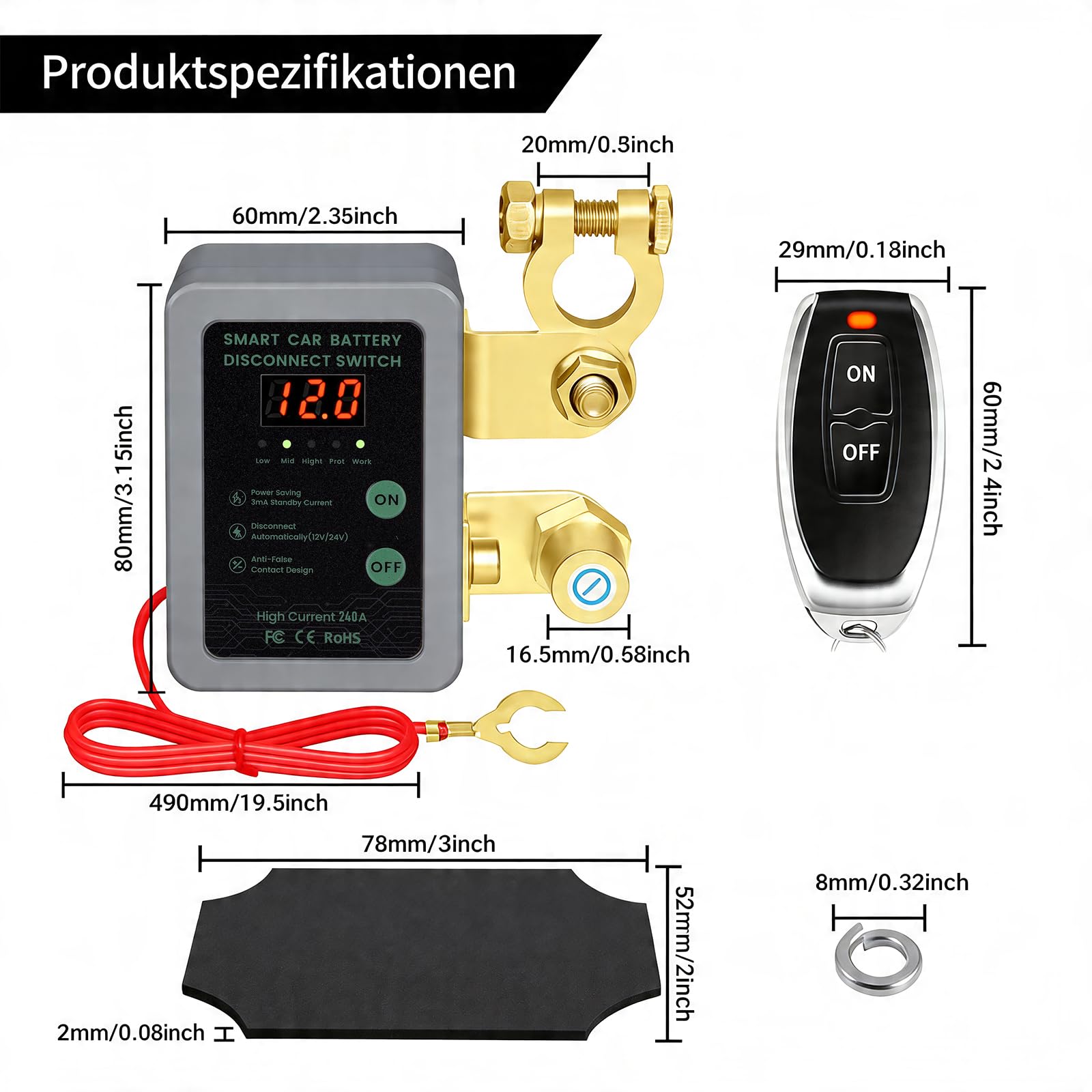 Smart Drahtloser Ferngesteuerter Auto Trennschalter, 12V Batterie Trennschalter 240A, Batterie Kill Switch Anti-Diebstahl mit LED-Anzeige automatische Abschaltung Schalter für Auto, RV, ATV, LKW, Boot