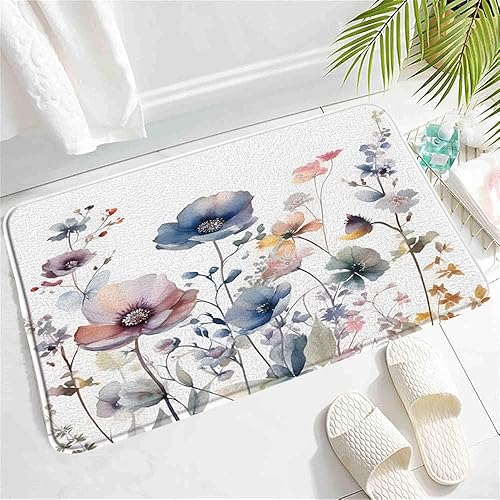 Alfombra de baño con diseño floral de acuarela, color beige y rosa, diseño rústico de flores silvestres azul, blanco, gris, bohemio, botánico,
