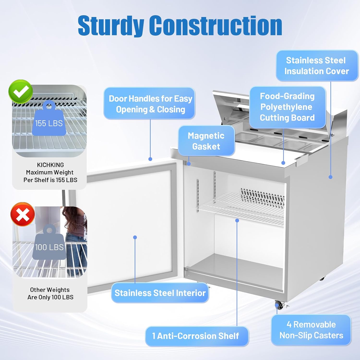KICHKING 27” W Commercial Refrigerators 7 Cu.ft Sandwich&Salad Prep Table Stainless Steel Counter Single Door Fan Cooling Refrigerator 8 Pans for Salad Bars, Quick-Service Restaurant