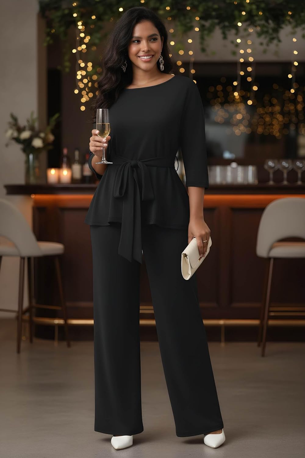 CLOCOR Women's 2 Piece Outfits Suit Set 3/4 Sleeve Peplum Top Flared Pants Sets Business Pantsuits - Image 2