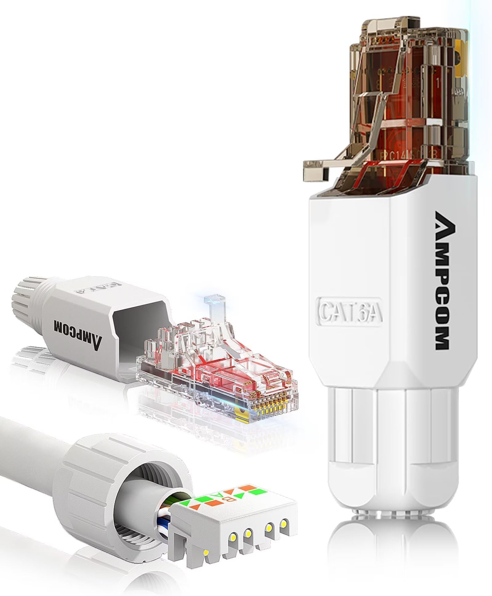 AMPCOM Cat6A Tool Free RJ45 Connector UTP Field Termination Modular Plug for 23-26 AWG Unshielded Ethernet Cable (White, 12 Pack)