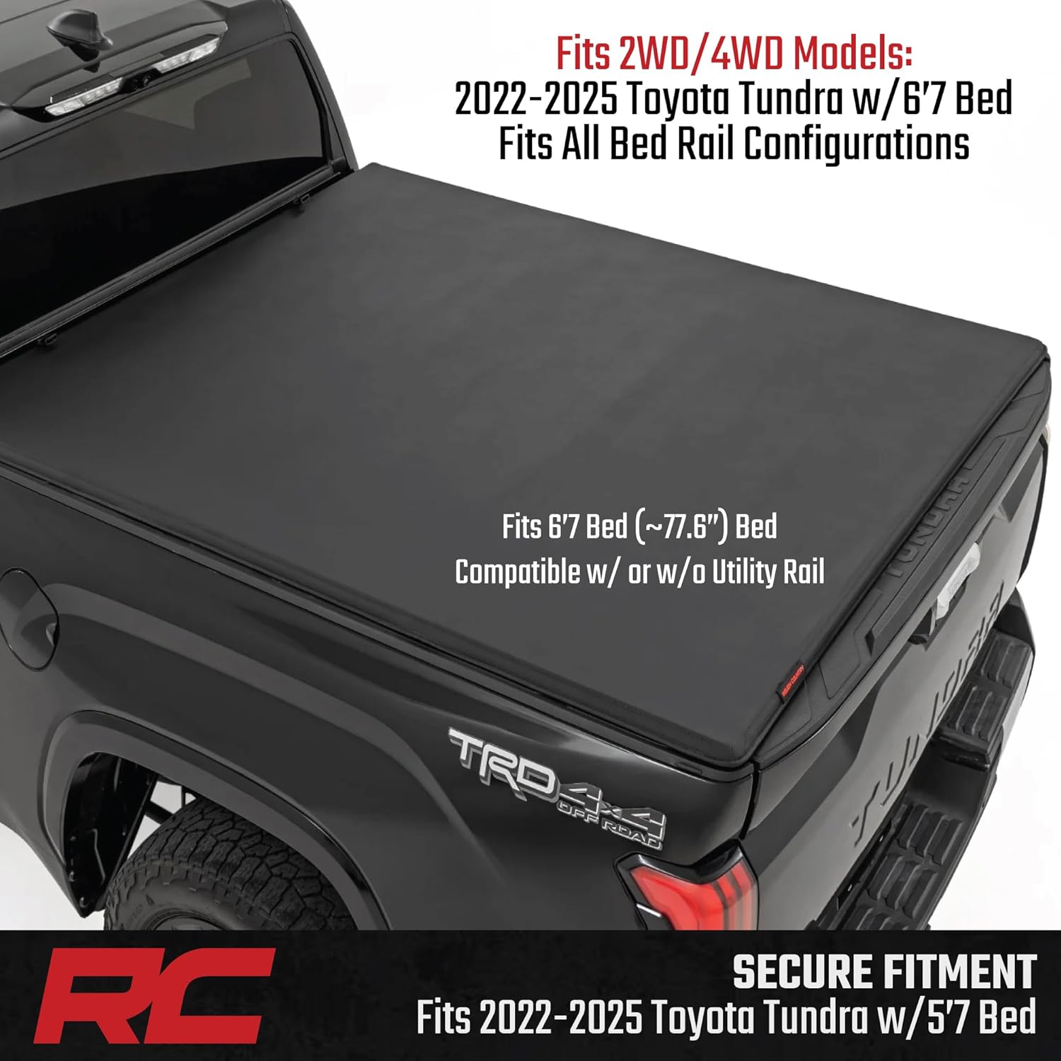 Rough Country Soft Tri-Fold Bed Cover for Toyota Tundra 2WD/4WD (2022–2025) - Fits 6'7" Bed, Works w/or w/o Factory Utility Rail, Vinyl Tonneau Cover
