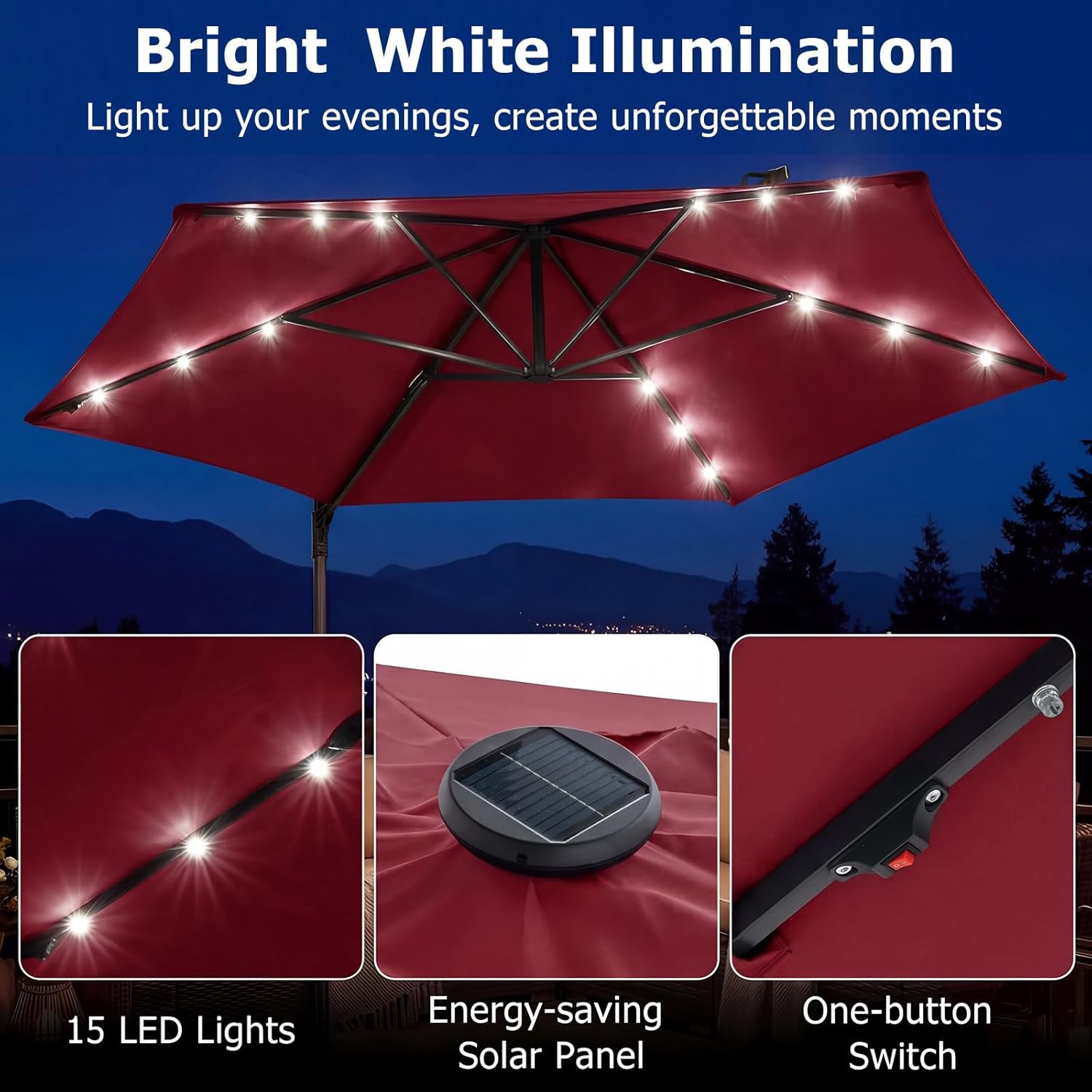 Tangkula 10ft Patio Umbrella with Solar Lights, Offset Cantilever Outdoor Umbrella with LED Lights, 360 Degree Rotation, Air Vent for Pool Deck Garden Backyard (Wine)