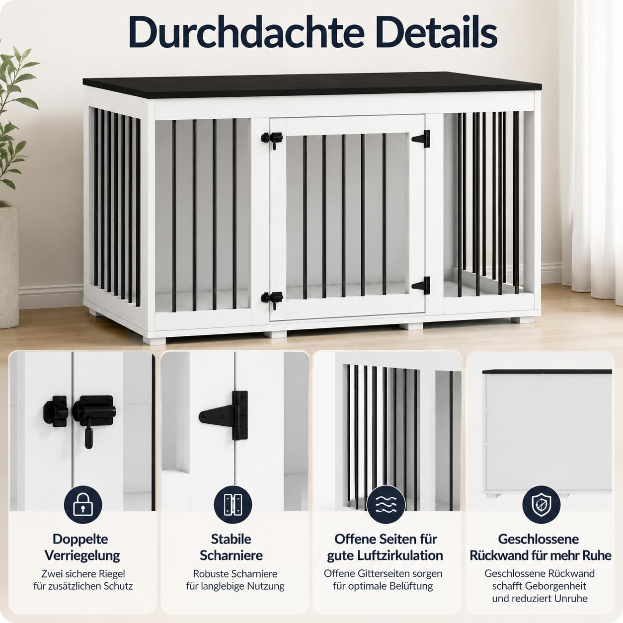 Hundekäfig, Hundekäfig, Möbel, Hundehütte für Zuhause, Hundehaus für drinnen, Hundebox mit Tür Hundekissen, für große mittelgroße kleine Hunde, MDF + Eisen, 136 x 70 x 56 cm, weiß