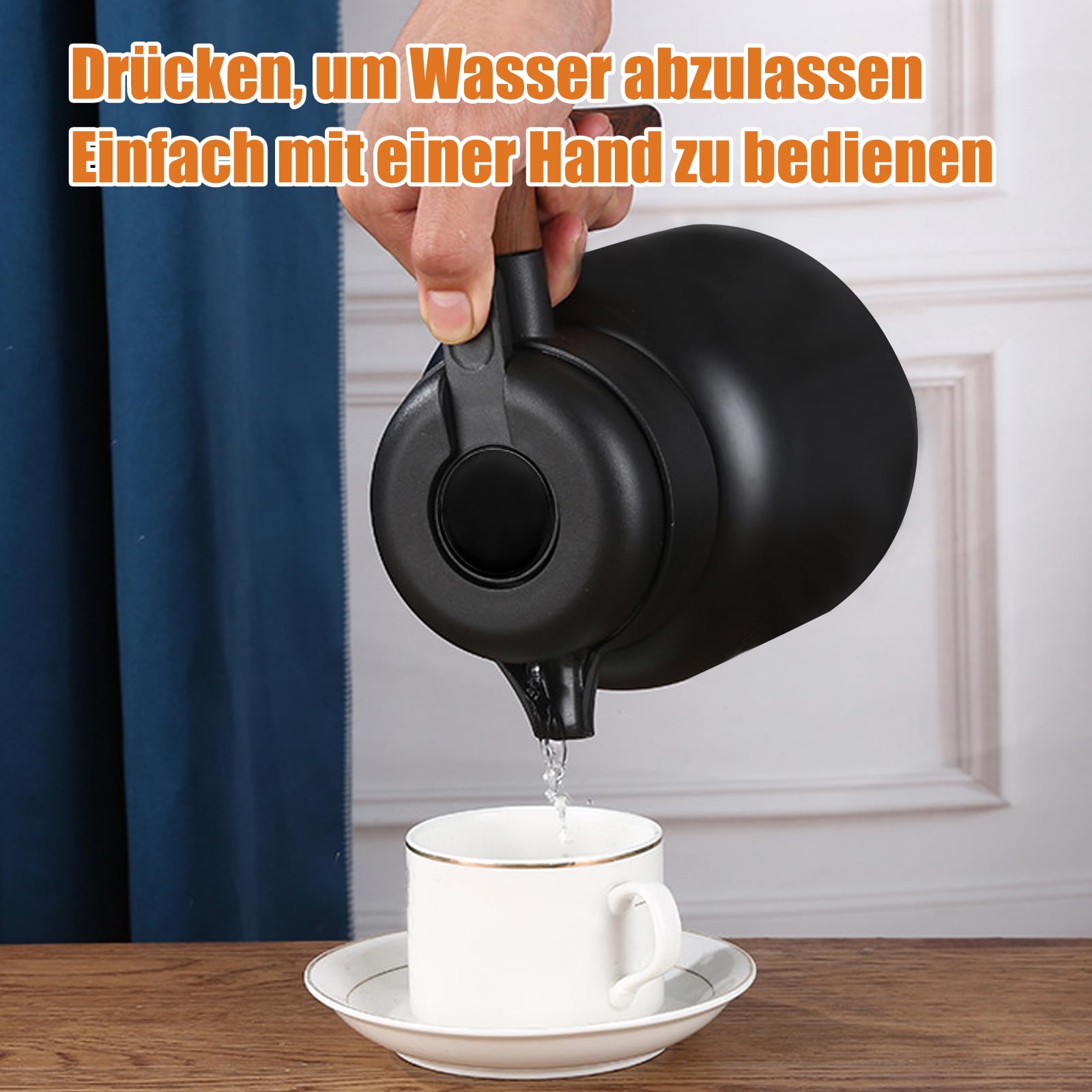 Thermoskan van 1,5 liter, thermoskan met houten handvat, 316 roestvrij staal, dubbelwandige thermo-koffiepot, met afneembare theezeef, kan met druppelvrije schenktuit voor koffie, thee, melk (zwart