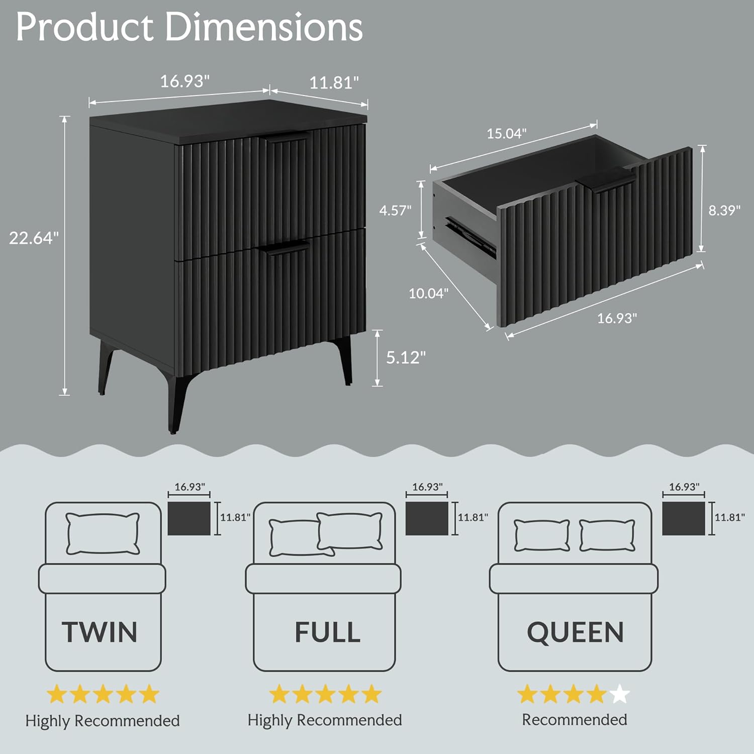 Wood Night Stand Set 2 Fluted Dresser for Bedroom 2 Drawers End Tables Nightstands Set of 2, Storage Modern Bedside Table Set of 2, Black Nightstand - Image 2