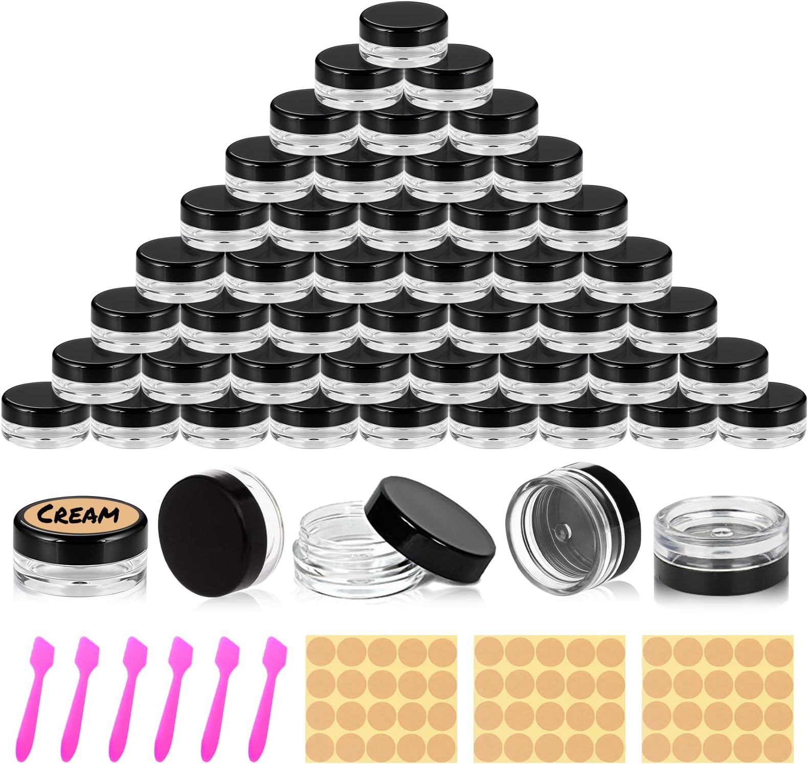 60 pcs 3 Gram Round Clear Sample Containers Plastic Mini Sample Jars with Lids for Creams, Powders, Glitters, 3ml Lip Balm Containers with Spatulas Labels