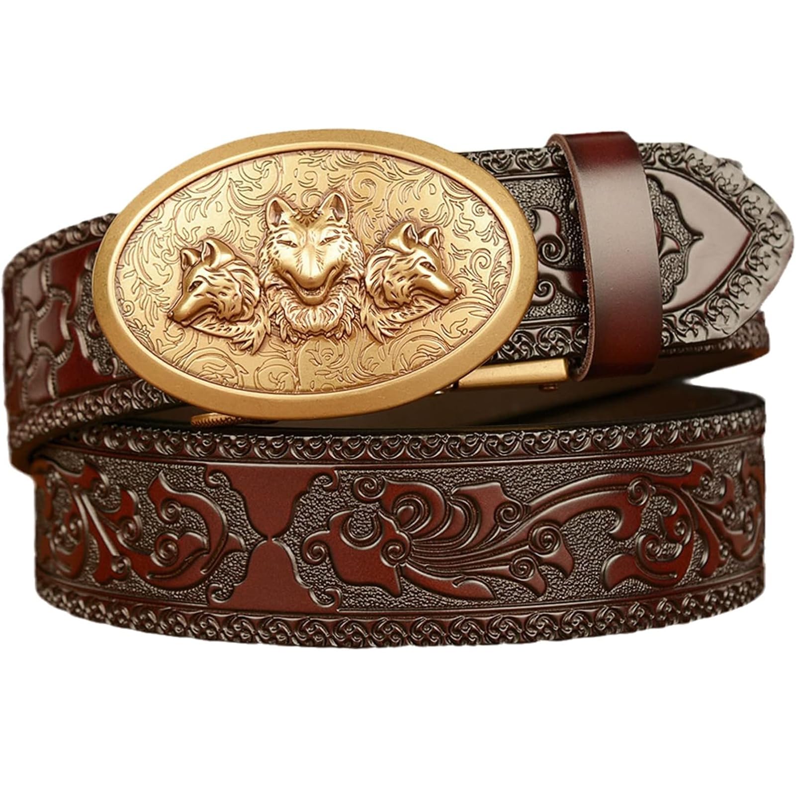 BDAYEK Men's Belt Men'S Belt Embossed Flower Leaf Vintage Cowboy With Coyote Fox Triple Head Automatic Buckle Coffee 110Cm 43
