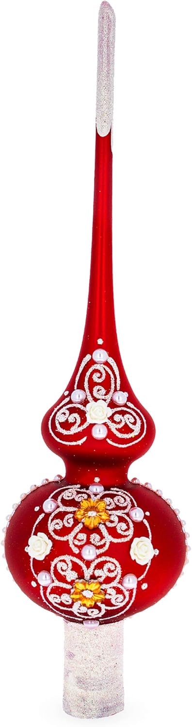 Dimensional Golden Flowers and Silver Swirls on Red Blown Glass Christmas Tree Topper 11 Inches