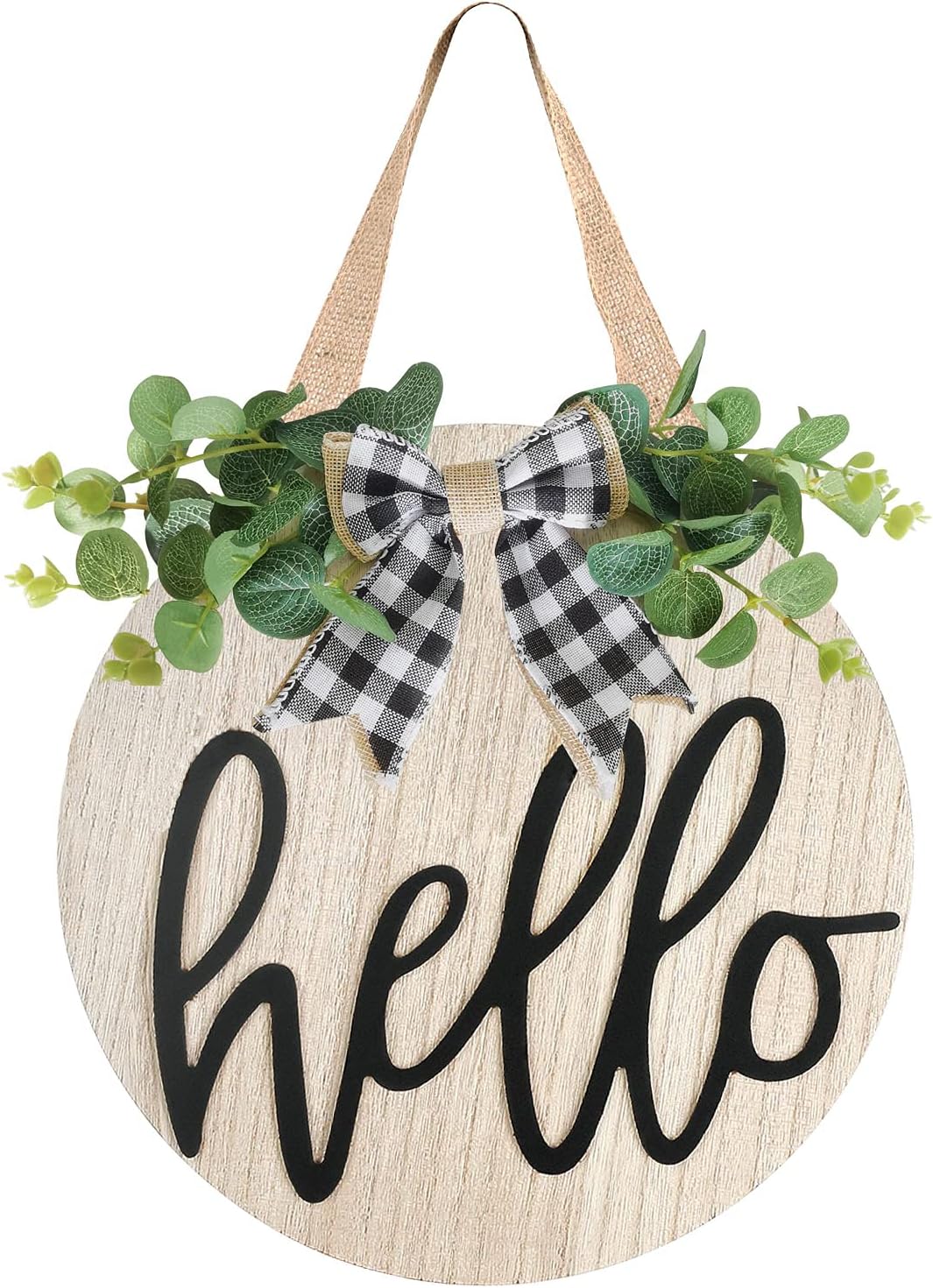 LEJHOME Hello Sign Front Door - Wood Hello Wreaths Sign for Rustic Farmhouse Porch Decorations - Door Hangers Front Porch Decor Outdoor Hanging Sign