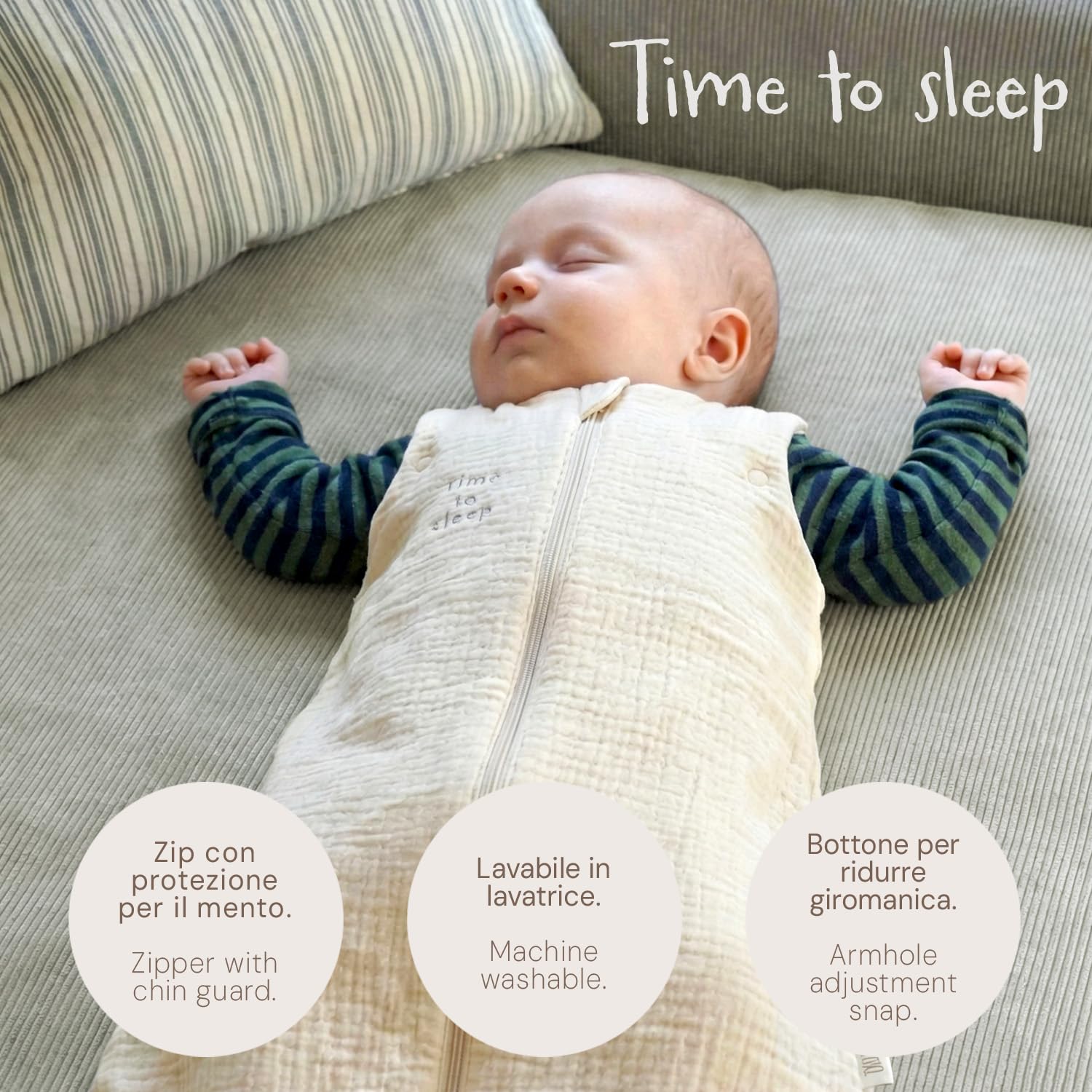 PERLETTI Gigoteuse TOG 1.0 Été Printemps en Coton Bio - Turbulette Bébé Sans Manche avec Fermeture Éclair - Sac de Couchage Doux Nouveau-Né Garçon Fille Léger