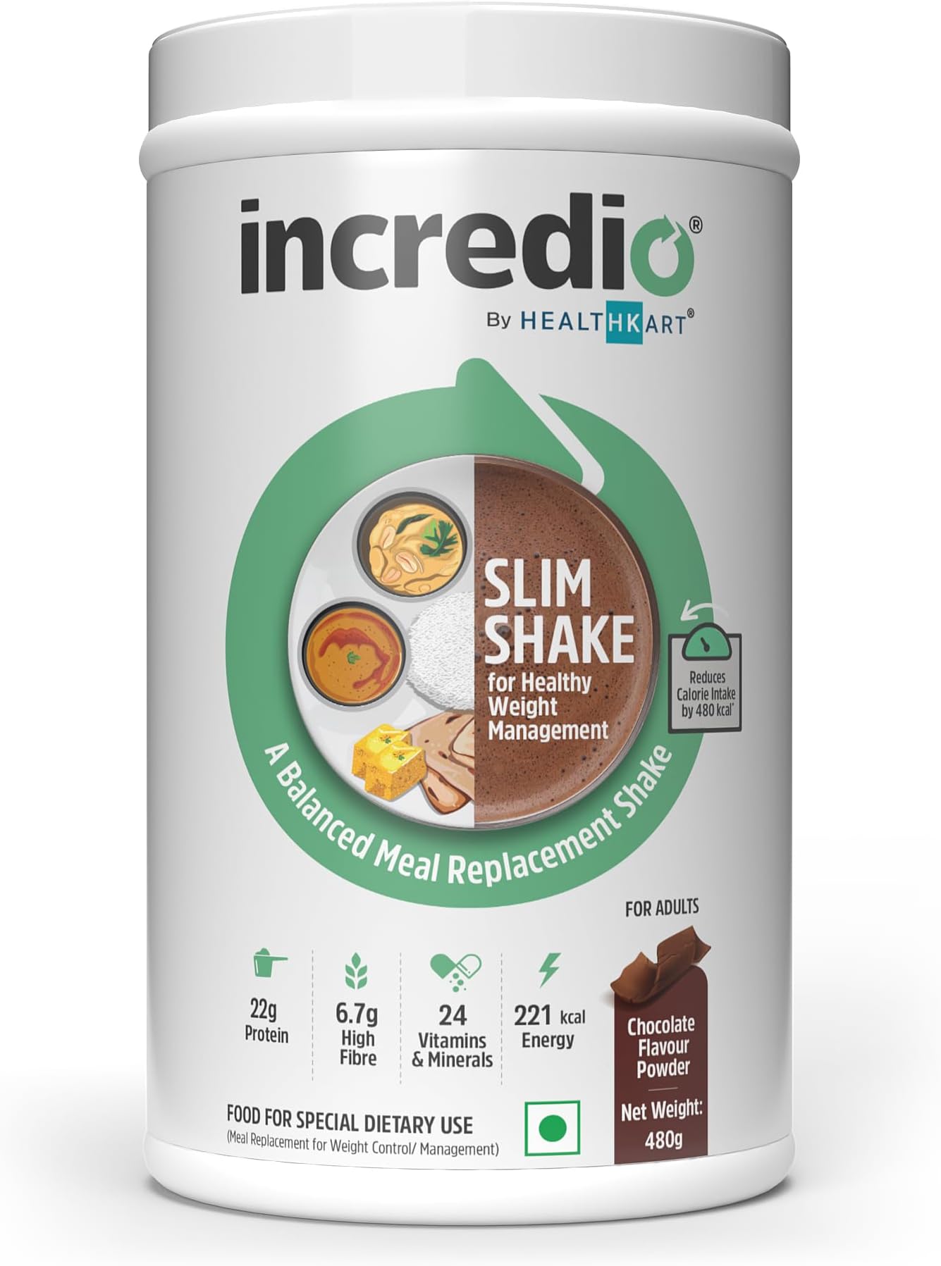 Incredio by Healthkart Slim Shake for Weight Management (Chocolate, 480g) | Meal Replacement Shake with 22g Triple Blend Protein (Whey, Soy & Casein)