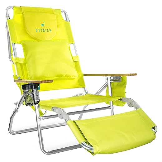 Ostrich Deluxe 3 in 1 Beach Chair with Face Opening - Portable, Reclining Lounger for Tanning - Face Hole for Reading on Stomach - Padded Footrest, Removable Pillow - Aluminum (Green)