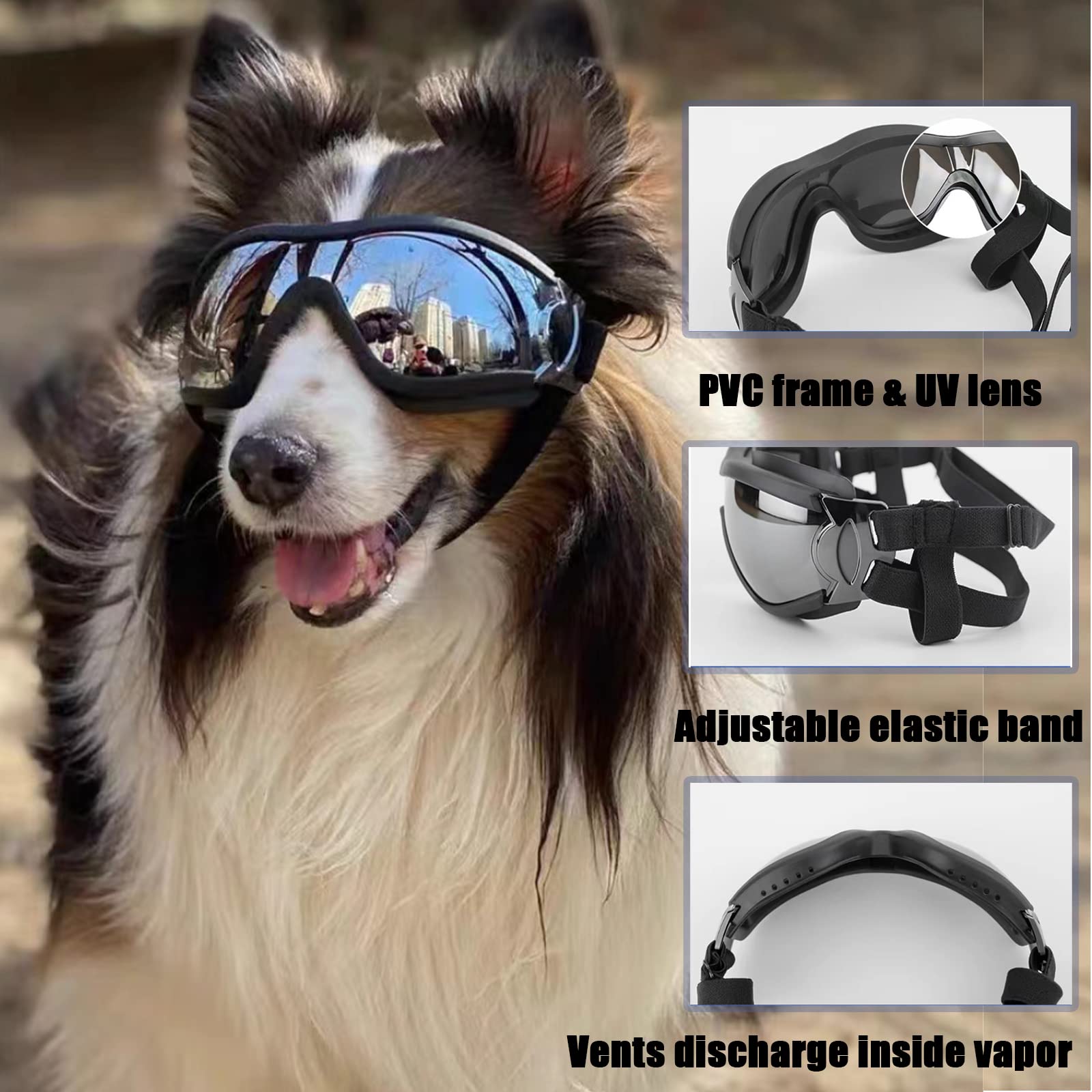 Occhiali per cani, occhiali da sole per cani con cinturino elastico, occhiali UV per animali domestici, proteggono gli occhi del cane da raggi UV, vento, polvere nebbia, razza media/grande
