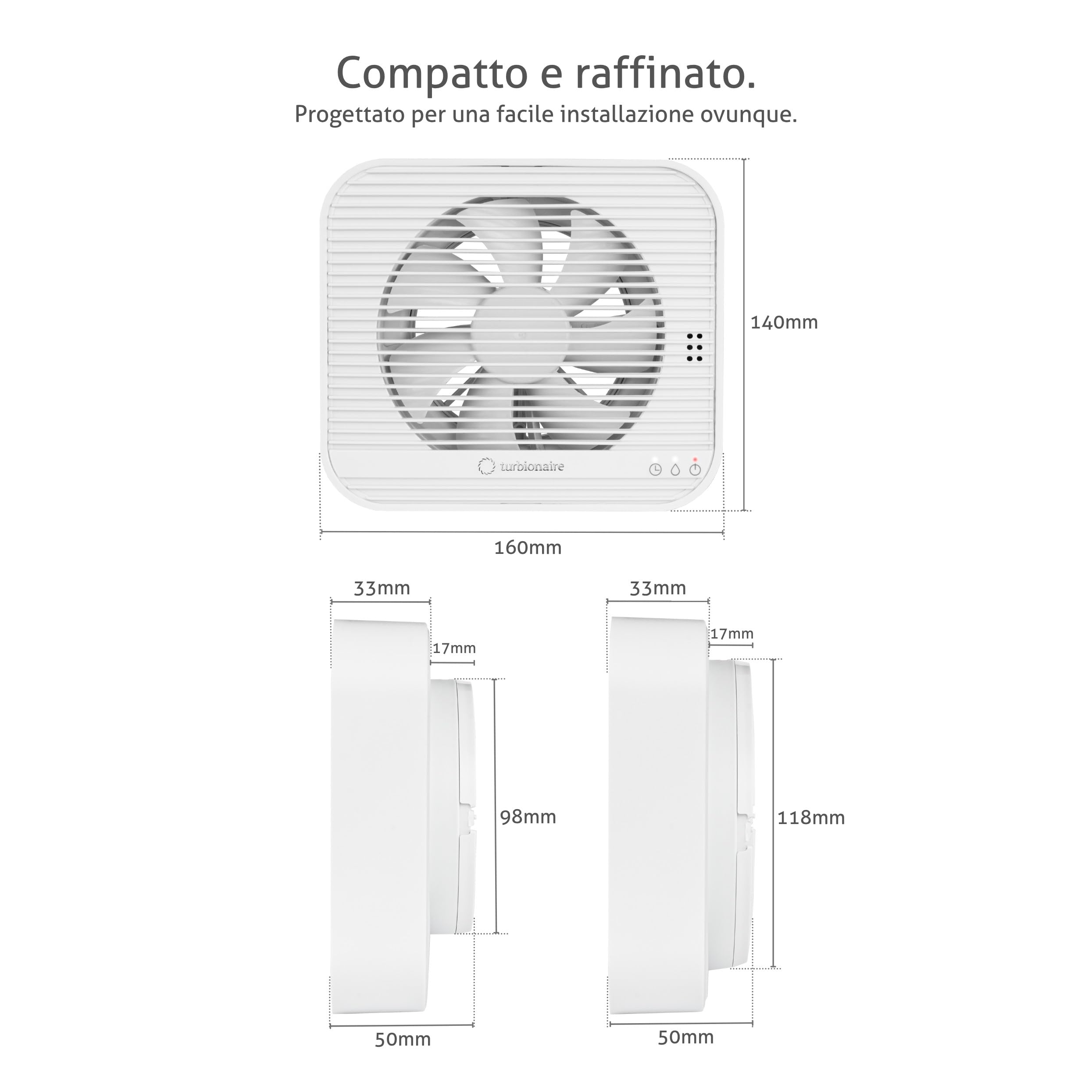 Turbionaire Axio 1012 HTR Aspiratore Bagno, 100/120 mm, Multifunzionale, Con Sensore di Umidità e Timer, Telecomando, 8 Velocità, Attacchi e valvola di non ritorno da 100 mm e 120 mm inclusi, 9.2W